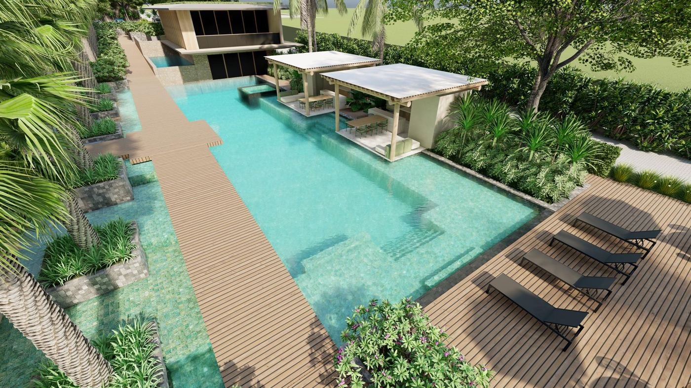 Piscina e bar com pergolado, vista aérea