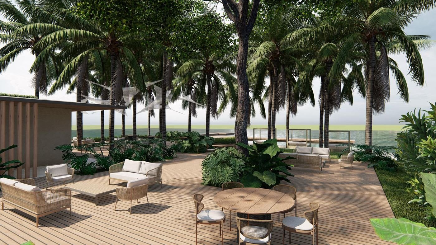 Deck da piscina com ombrelones